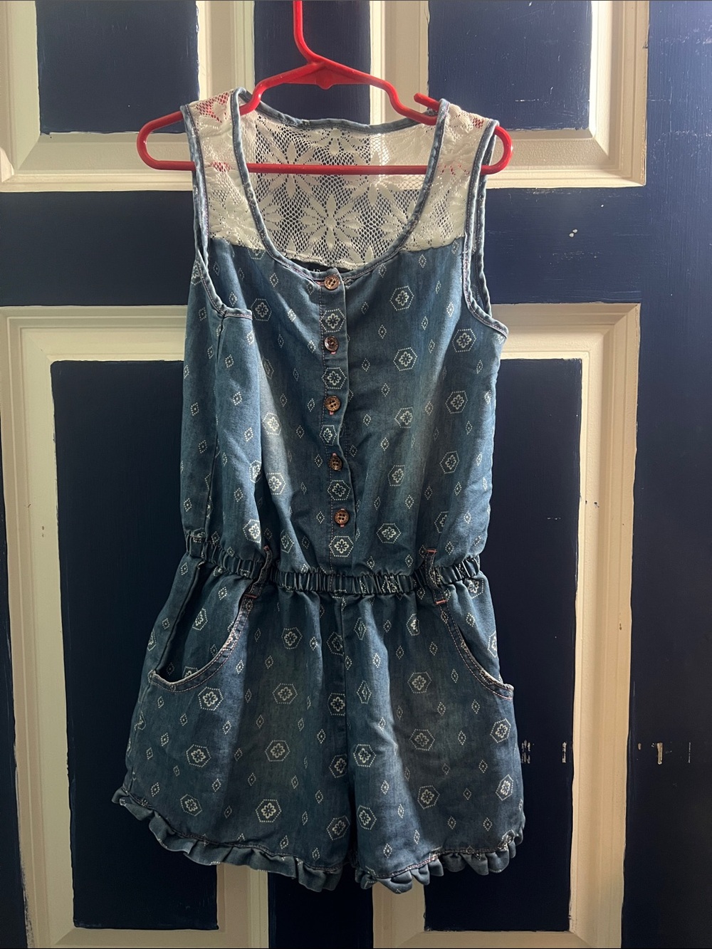Limited Too Denim Blue Printed Lace-Back Romper